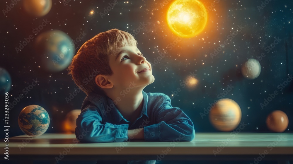 Naklejka premium A Young Boy Gazes Up At A Vibrant, Fantastical Depiction Of Space, Filled With Planets And A Glowing Sun. The Scene Is Dreamlike And Inspires Wonder.