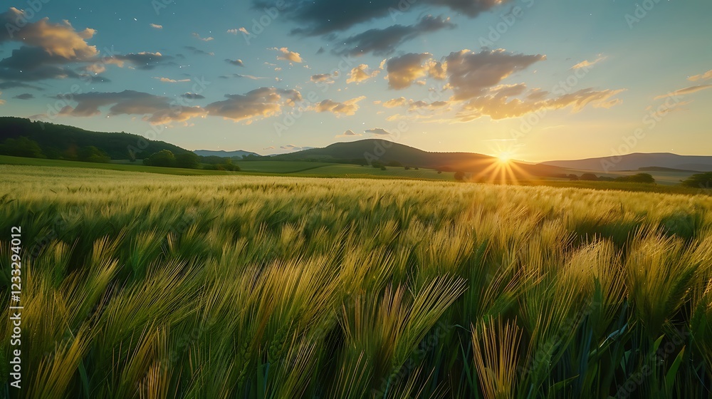 Obraz premium Sunset over green wheat field. Beautiful summer landscape