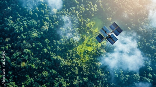 Satellite over lush forest with clouds, monitoring the environment from above view