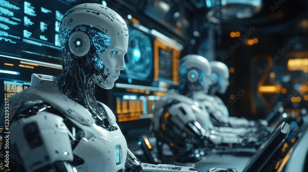 Advanced Robotic Workforce in High-Tech Control Room Setting Advanced Robotic Workforce in High-Tech Control Room Setting