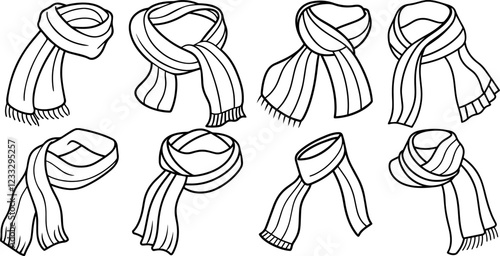 Set of scarf outline vector illustration line art