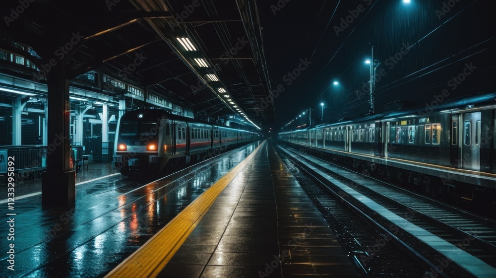 Fototapeta premium Nighttime dim train platform with oncoming train arrival