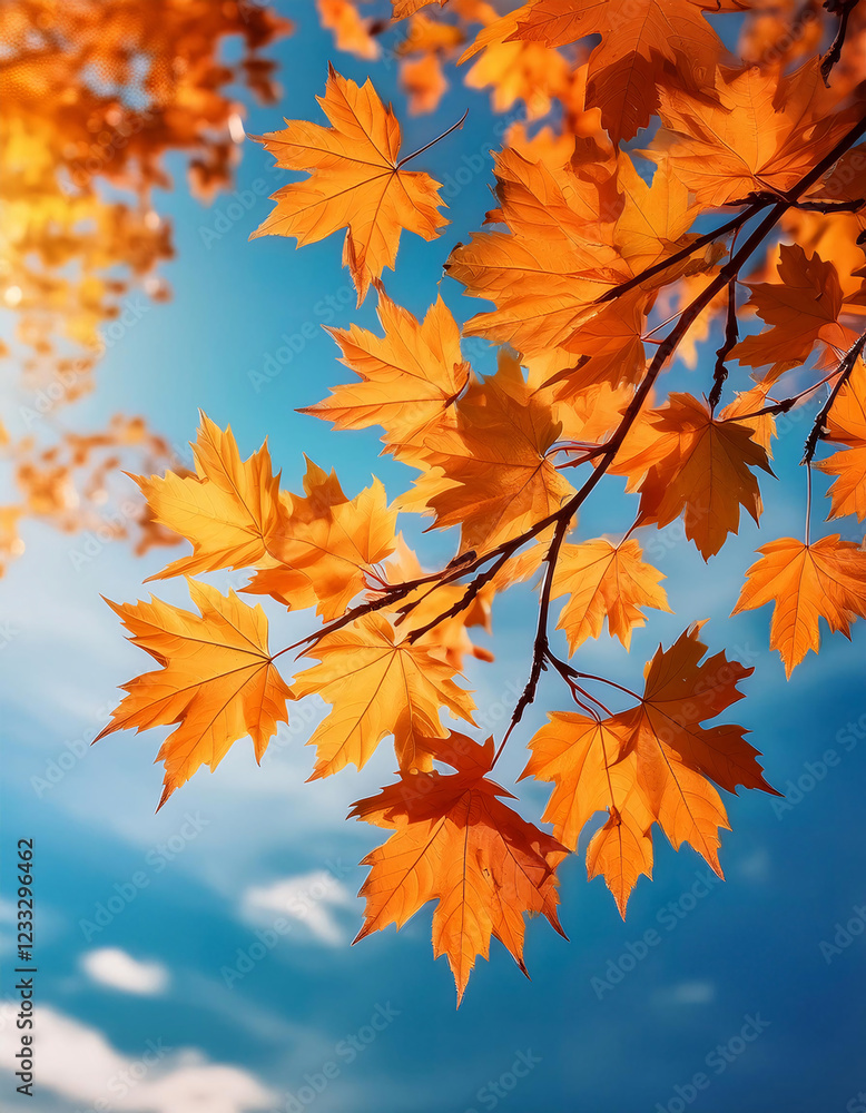 Golden maple leaves against a clear blue sky. Generative AI. Golden maple leaves against a clear blue sky. Generative AI.