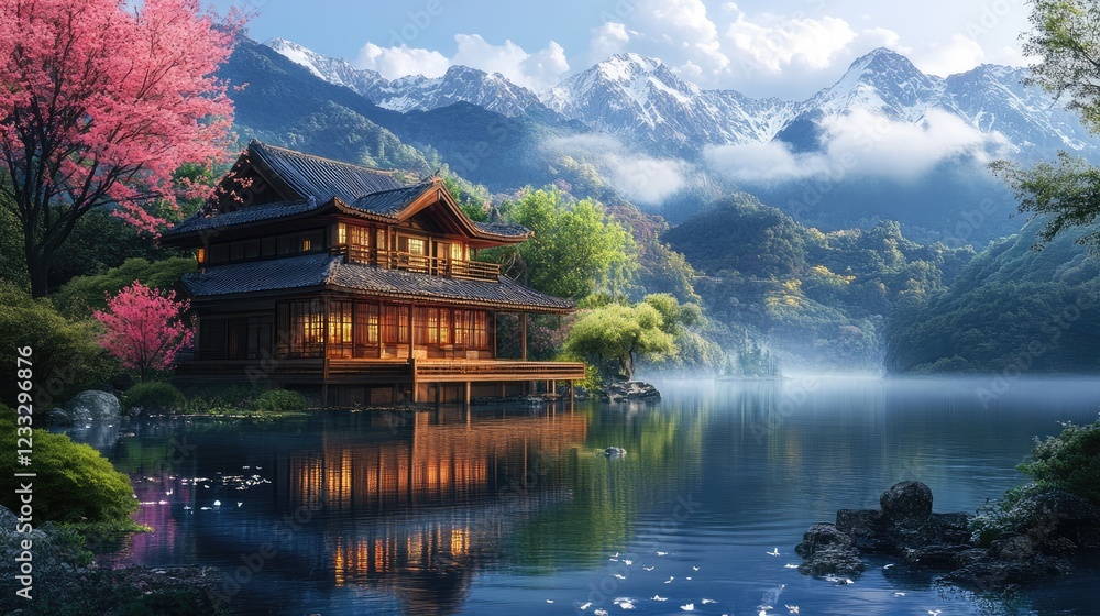Fototapeta premium Japanese wooden house with lake and mountains concept art