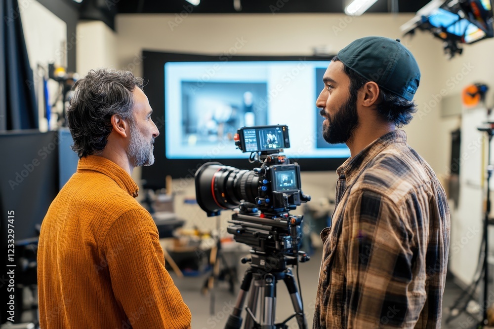 Professional Filmmakers Discussing Project in Modern Studio Setup Professional Filmmakers Discussing Project in Modern Studio Setup