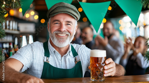 Smiling bartender in a green apron serves beer in a lively pub decorated for St. Patrick’s Day. photo