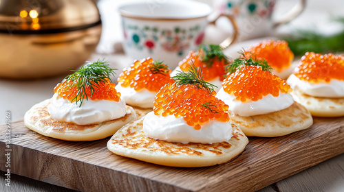 Wallpaper Mural Traditional Russian blini topped with sour cream, red caviar, and fresh dill, served on a wooden board with elegant tableware. Torontodigital.ca