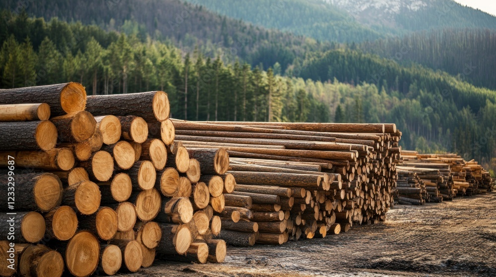 Stacked logs in a forested area, showcasing timber industry activity. Stacked logs in a forested area, showcasing timber industry activity.