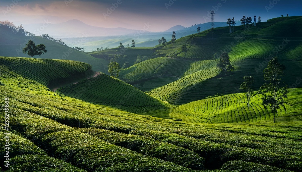 Fototapeta premium 新緑の茶畑が広がる丘陵地帯、奥行きを感じる自然風景
