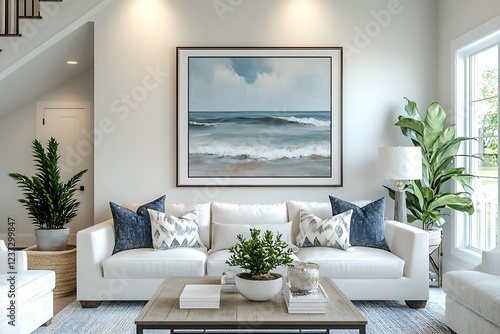 a close-up mockup frame, rendered in 3D, within a home interior designed in a coastal style. photo