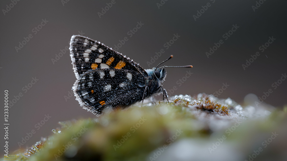 Obraz premium Frosted butterfly on moss, winter nature close-up