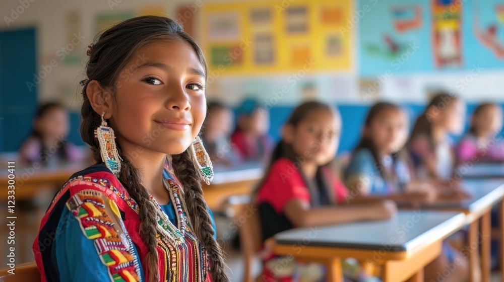 Smiling Girl in Colorful Traditional Dress in Classroom Environment Smiling Girl in Colorful Traditional Dress in Classroom Environment
