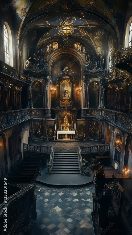 Naklejka premium Ornate church interior, dark and grand