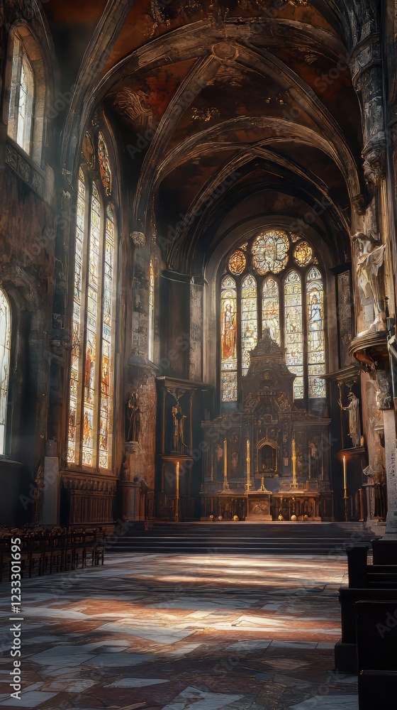 Sunlit Gothic church interior Sunlit Gothic church interior