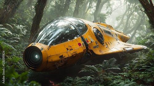 Wallpaper Mural Yellow spaceship crash-landed in misty forest; science fiction background Torontodigital.ca