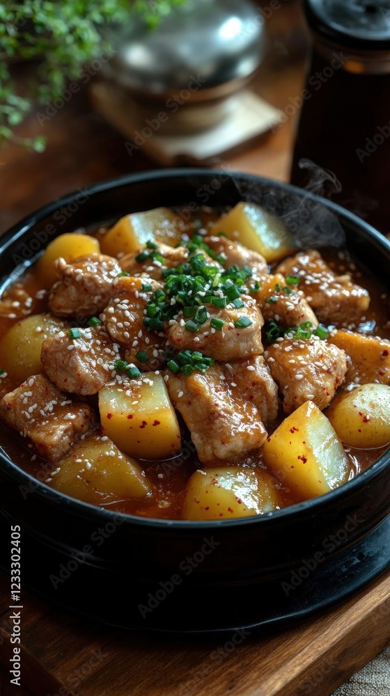 Warm Braised Meat and Potato Stew in a Dark Bowl Warm Braised Meat and Potato Stew in a Dark Bowl