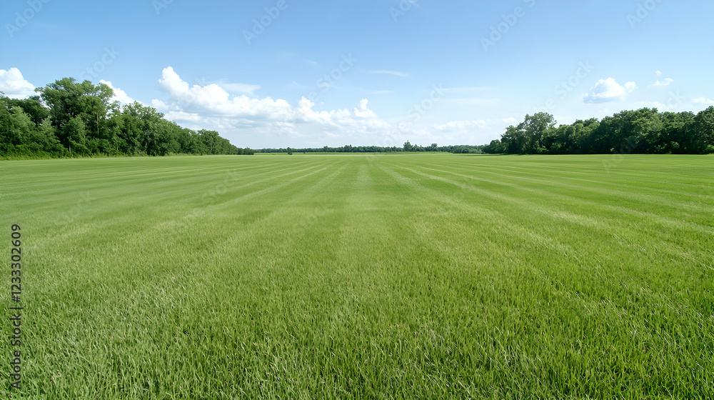 Fototapeta premium Striped lawn, summer day, trees, blue sky, landscape photography