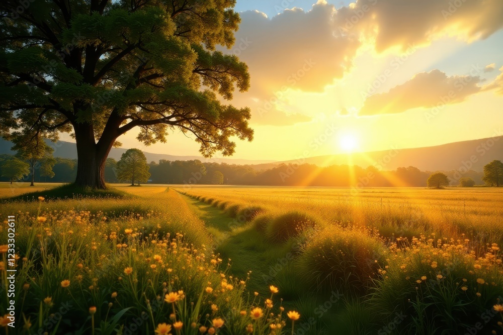 Obraz premium Golden hour light bathes a tranquil field, long shadows stretch , shot, colors