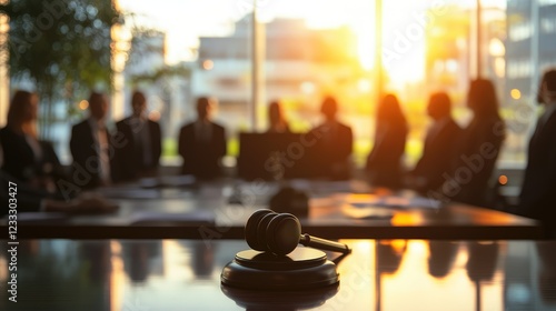 Judge gavel with Justice lawyers having team meeting at law firm in background. Concepts of law