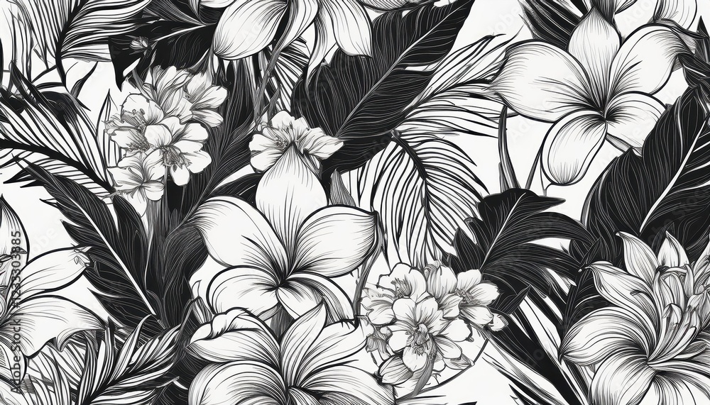 Striking Monochrome Pattern Showcasing Vibrant, Tropical Exotic Flowers in a Seamless Artistic Composition, Ideal for Digital Art, Home Decor, or Design Inspiration. Striking Monochrome Pattern Showcasing Vibrant, Tropical Exotic Flowers in a Seamless Artistic Composition, Ideal for Digital Art, Home Decor, or Design Inspiration.