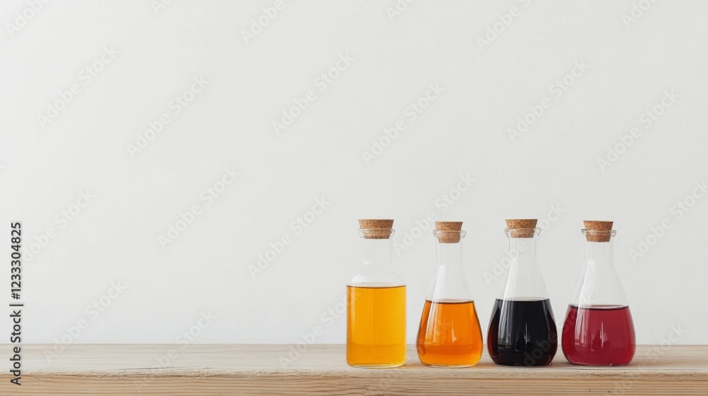 Four elegant glass bottles filled with colorful liquids on a wooden table against a white background Four elegant glass bottles filled with colorful liquids on a wooden table against a white background
