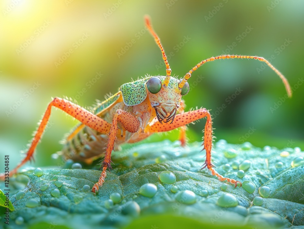 Fototapeta premium Close-up of a bright orange bug with green accents standing on a wet leaf