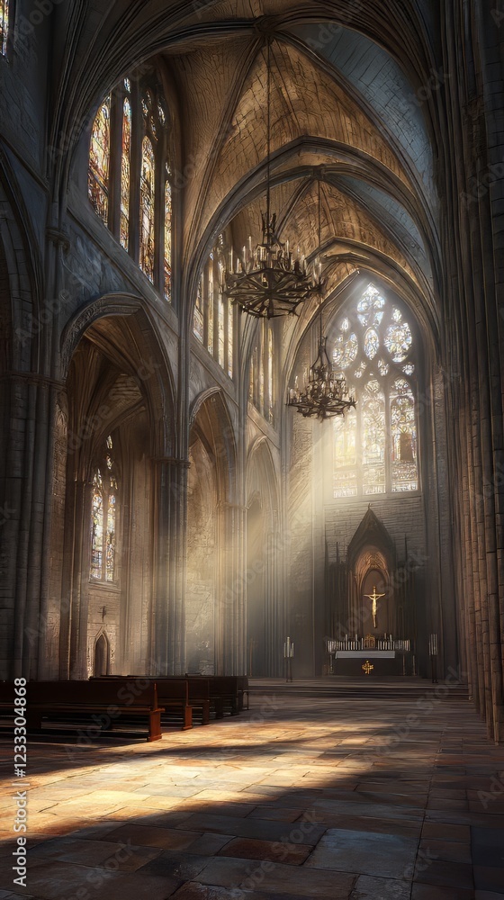 Sunlit Gothic Cathedral Interior Sunlit Gothic Cathedral Interior