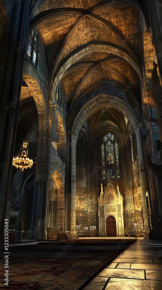 Fototapeta premium Ancient cathedral interior bathed in light