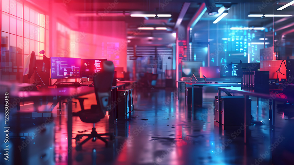 A modern, high-tech office space illuminated with vibrant neon lights. A modern, high-tech office space illuminated with vibrant neon lights.