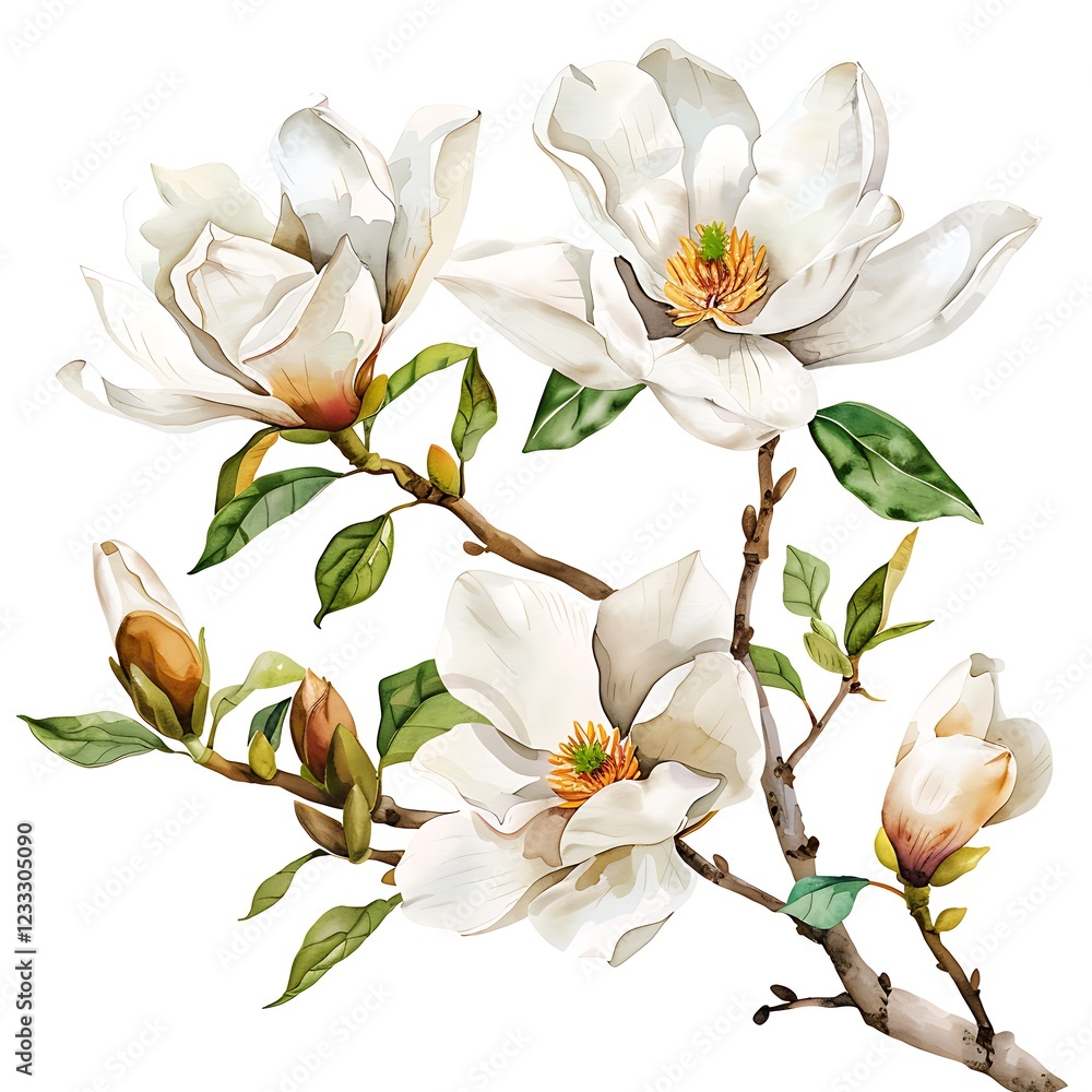 Obraz premium Watercolor White Magnolia Isolated on White Background. Beautiful Magnolia Flower