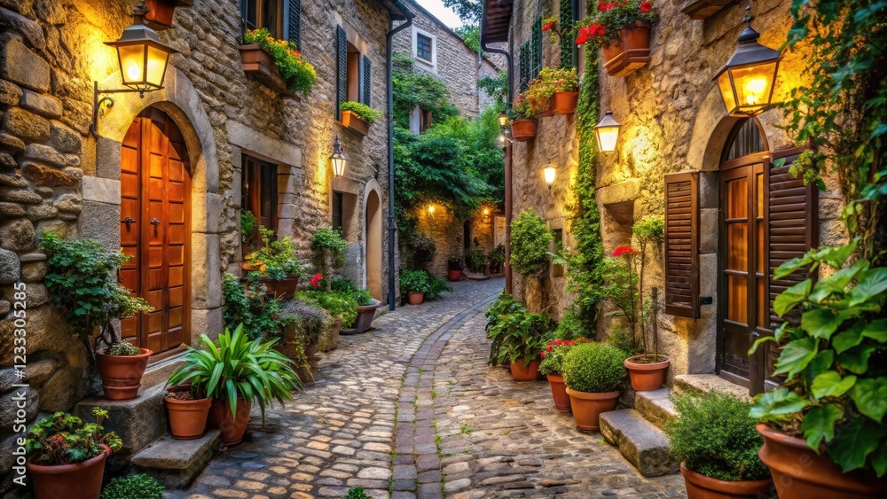 Fototapeta premium Charming European Cobblestone Alley with Historic Architecture, Potted Plants, and Lanterns - Quaint Narrow Street Surrounded by Rustic Old Buildings and Vines