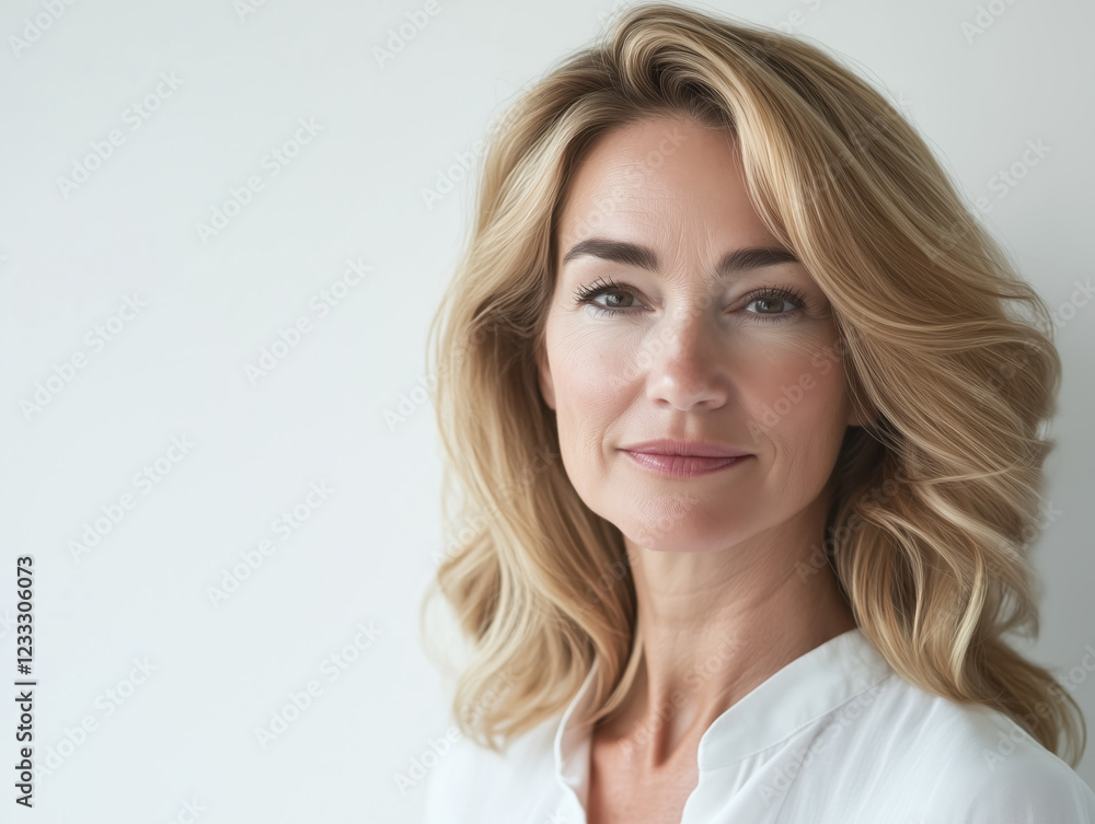 Elegant Portrait of an Adult with Cascading Golden Blonde Hair, Framing Their Face and Enhancing Their Natural Beauty and Charm Elegant Portrait of an Adult with Cascading Golden Blonde Hair, Framing Their Face and Enhancing Their Natural Beauty and Charm