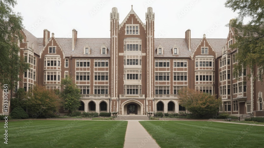 Majestic historic university building with intricate architecture surrounded by lush green lawn Majestic historic university building with intricate architecture surrounded by lush green lawn