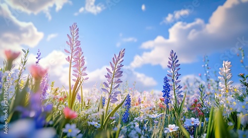 A vibrant meadow scene with blooming wildflowers under a bright sunny sky full of clouds