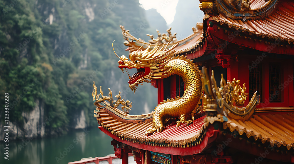 Fototapeta premium of a red temple with golden dragons and a lush natural backdrop 
