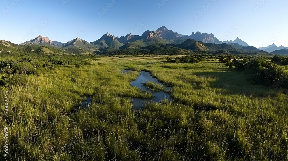 Mountain valley wetland sunrise landscape Mountain valley wetland sunrise landscape