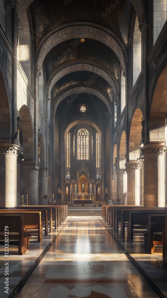 Sunlit church nave, serene and grand. Sunlit church nave, serene and grand.