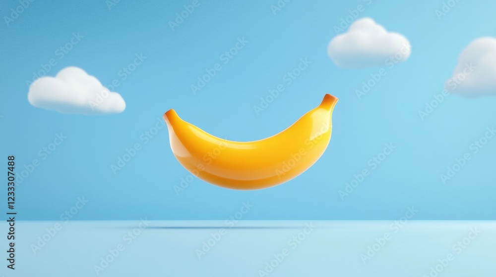 Cheerful floating banana against a blue sky backdrop Cheerful floating banana against a blue sky backdrop
