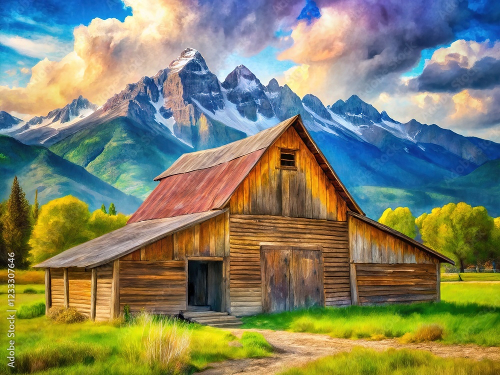 Rustic, watercolor barn, tilted, dilapidated, mountainside. Rustic, watercolor barn, tilted, dilapidated, mountainside.