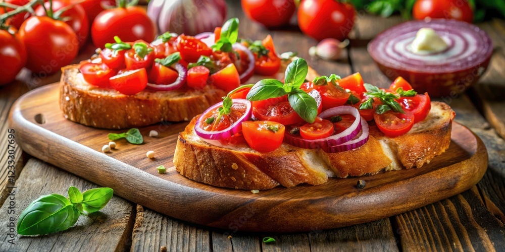 Delicious Bruschetta with Fresh Tomatoes and Onions on a Rustic Wooden Board – Perfect Appetizer for Parties and Gatherings Delicious Bruschetta with Fresh Tomatoes and Onions on a Rustic Wooden Board – Perfect Appetizer for Parties and Gatherings