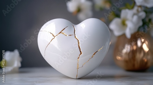 Kintsugi Upcycled white porcelain ceramic heart with golden cracks details. Kintsugi kintsukuroi golden repair is the Japanese art of repairing broken pottery