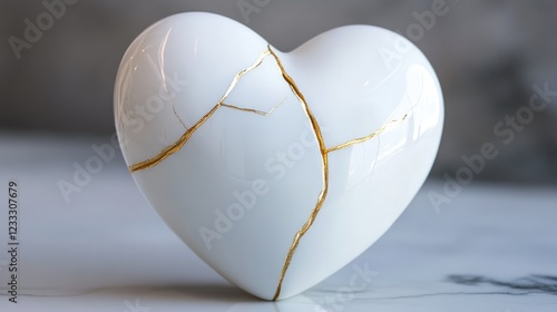 Kintsugi Upcycled white porcelain ceramic heart with golden cracks details. Kintsugi kintsukuroi golden repair is the Japanese art of repairing broken pottery