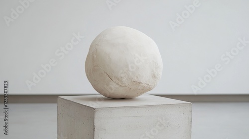 Minimalistic white sculpture on concrete pedestal in a modern art gallery with neutral background photo