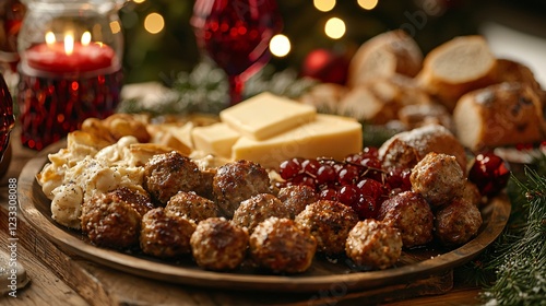 Festive Christmas meatball platter with cheese, bread, and fruit photo