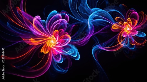 Energetic neon blooms in vivid abstract swirl against a dark backdrop 