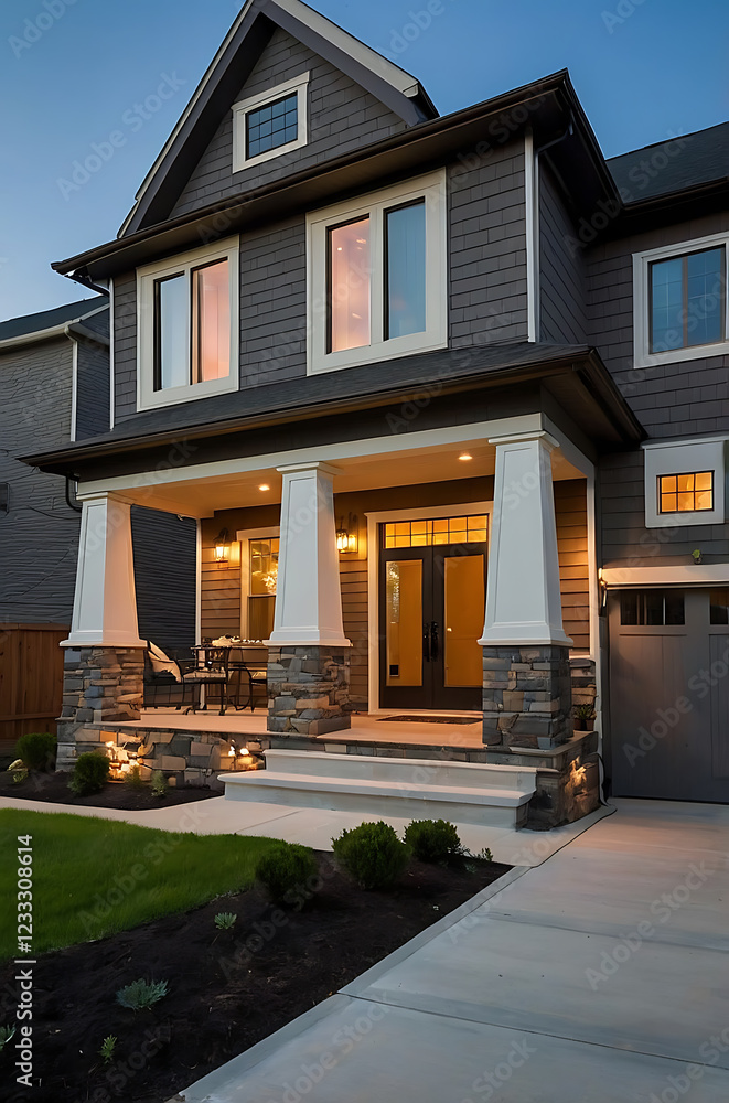 Luxury Home Exterior at Dusk: Modern Architectural Design, Gray Facade, Stone Porch, and Landscaped Lawn Luxury Home Exterior at Dusk: Modern Architectural Design, Gray Facade, Stone Porch, and Landscaped Lawn