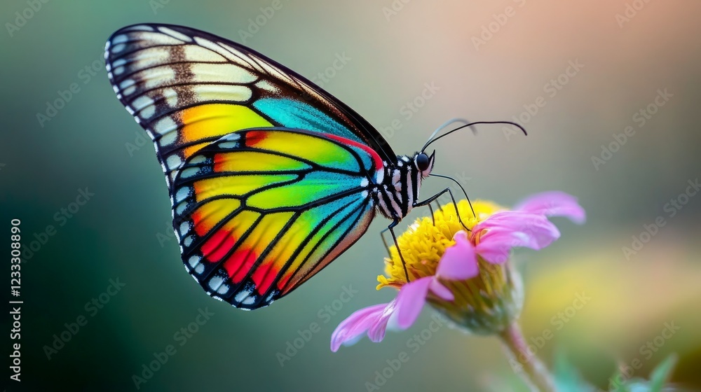 Fototapeta premium Vibrant butterfly with rainbow wings delicately feeding on a pink flower.