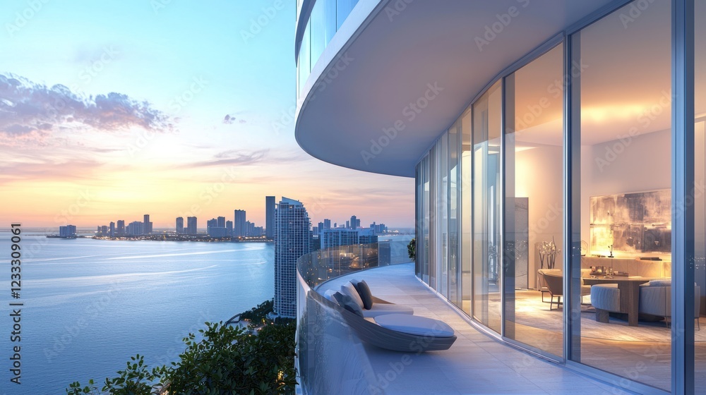 Fototapeta premium Luxury Miami Condo with Breathtaking Ocean and City Views at Sunset
