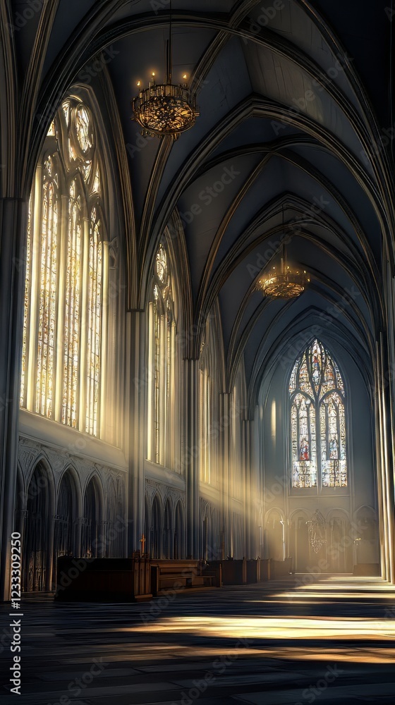 Obraz premium Sunlit Gothic cathedral interior