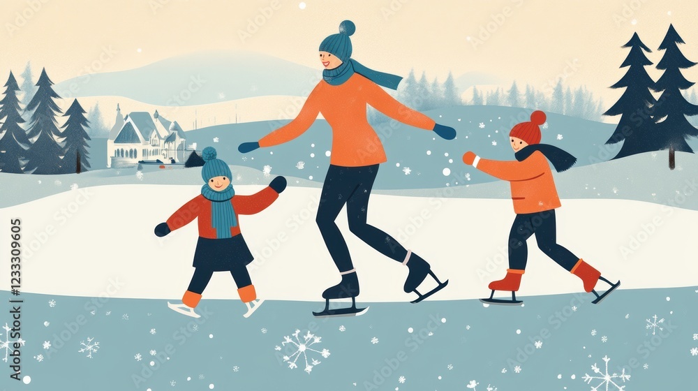 Fototapeta premium Parent and child skate in ice rink.